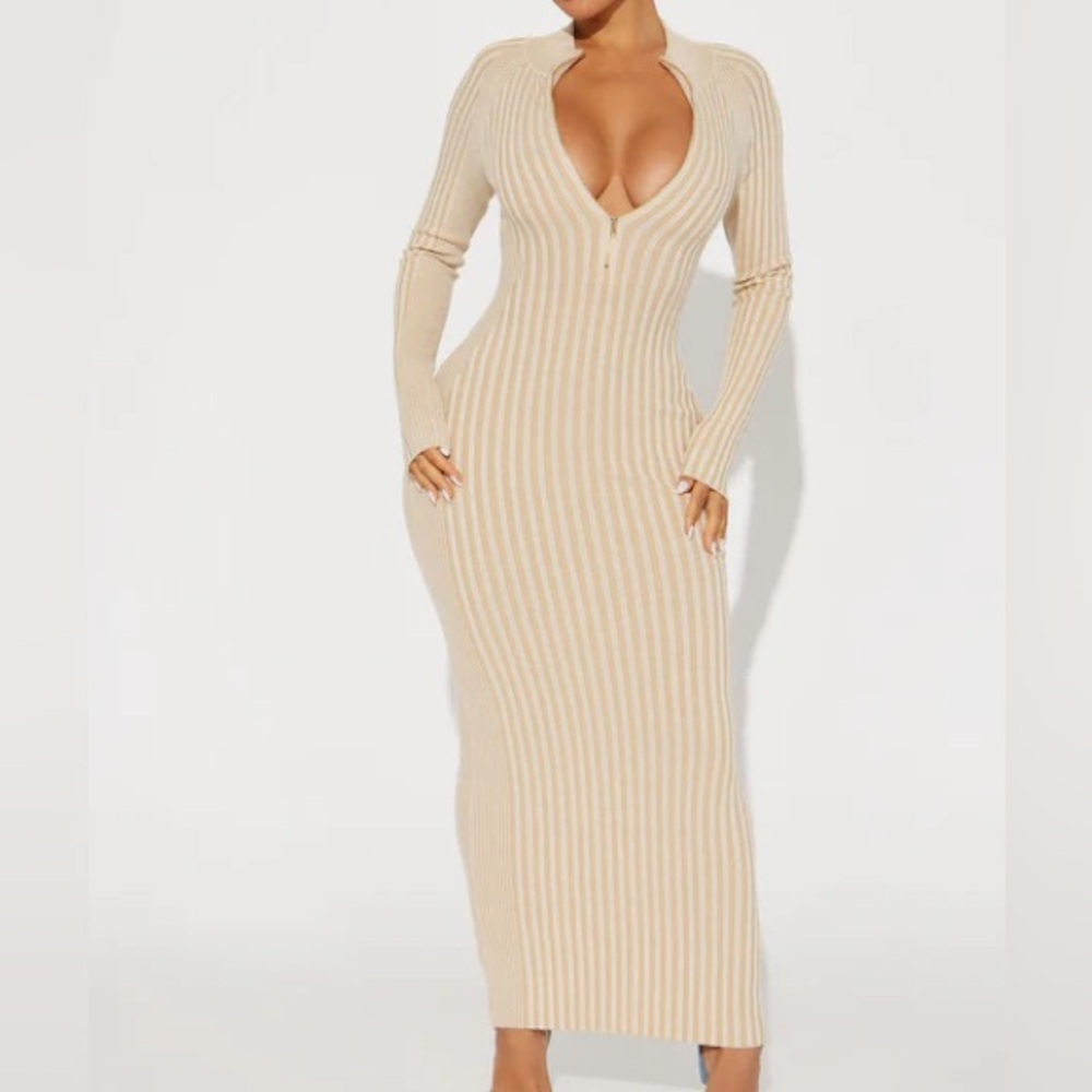 Fashion Nova Beige Long Sleeve Dress